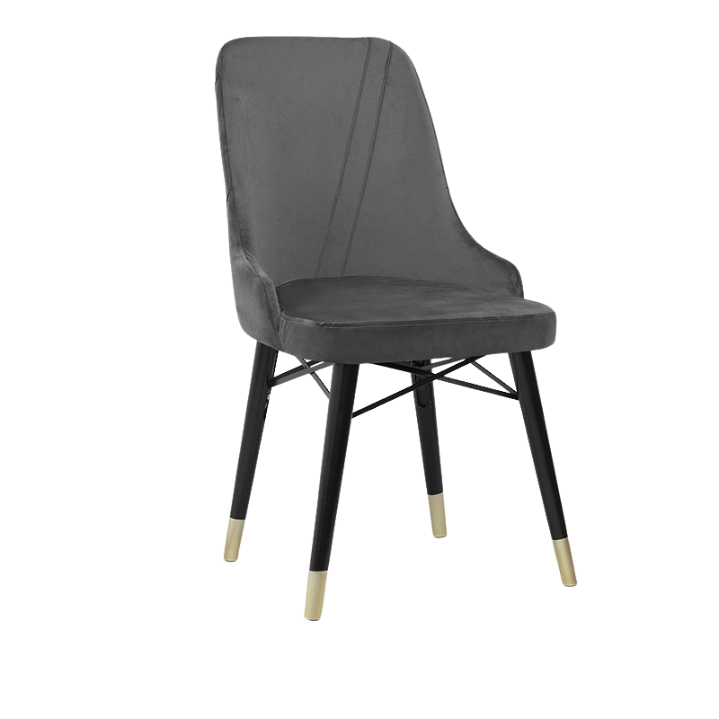 MARK velvet grey dining chair with black and gold legs, showcasing its luxurious design and plush upholstery.