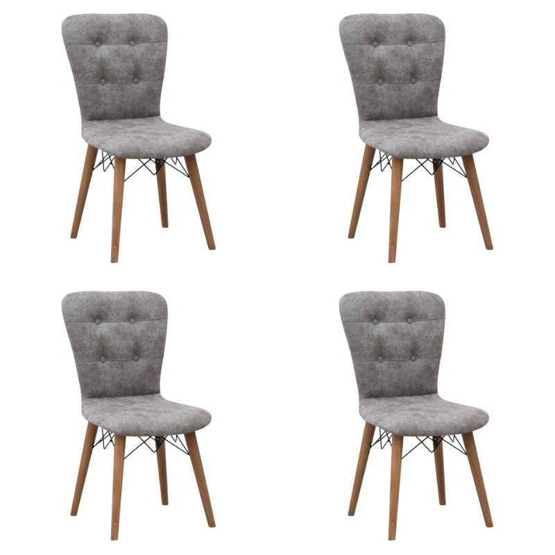 Set of four MICHELLE dining chairs in grey fabric with walnut legs, showcasing elegant design and comfortable seating.