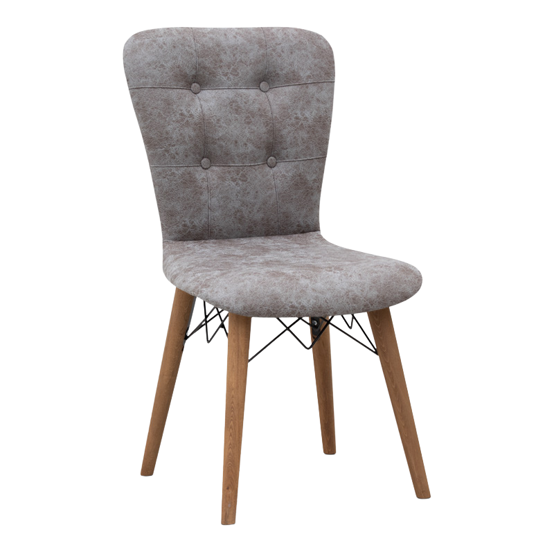 Set of four MICHELLE dining chairs in grey fabric with walnut legs, showcasing elegant design and comfortable seating.