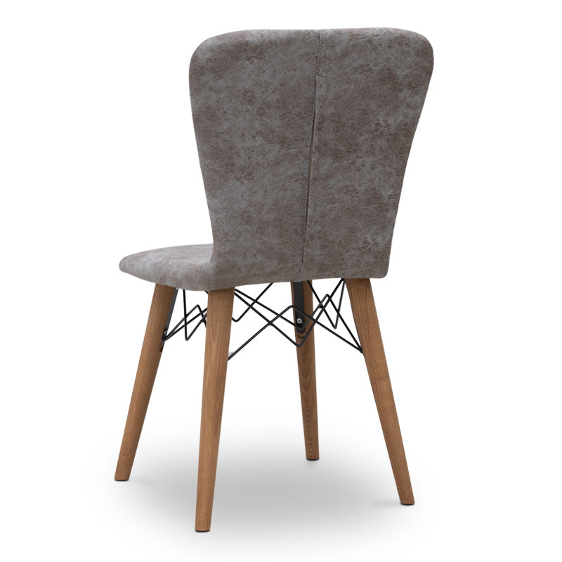 Set of four MICHELLE dining chairs in grey fabric with walnut legs, showcasing elegant design and comfortable seating.