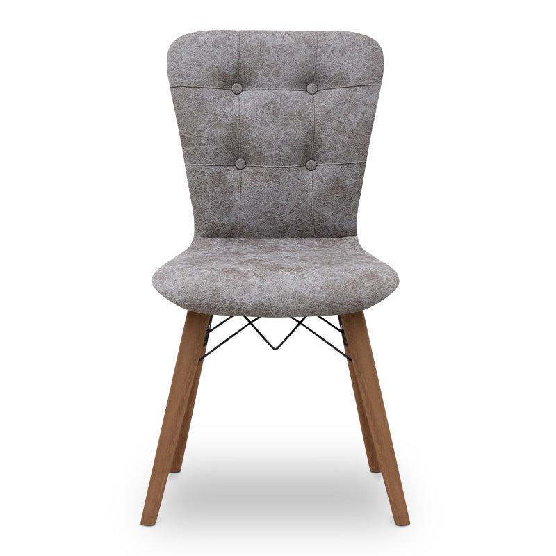 Set of four MICHELLE dining chairs in grey fabric with walnut legs, showcasing elegant design and comfortable seating.