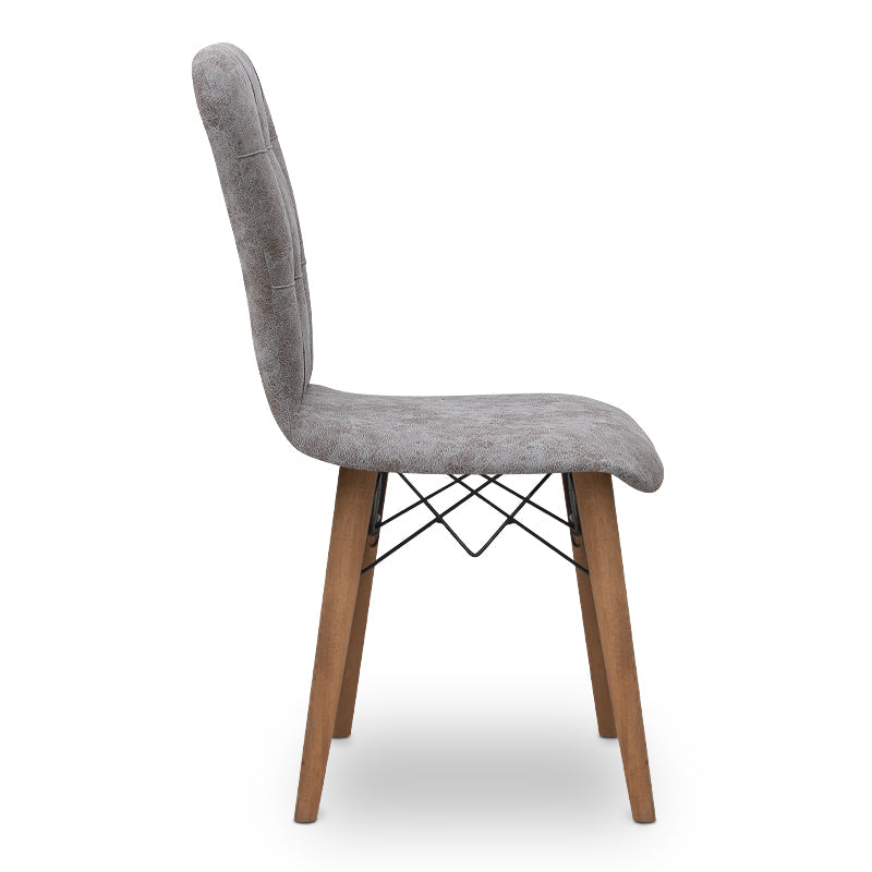 Set of four MICHELLE dining chairs in grey fabric with walnut legs, showcasing elegant design and comfortable seating.