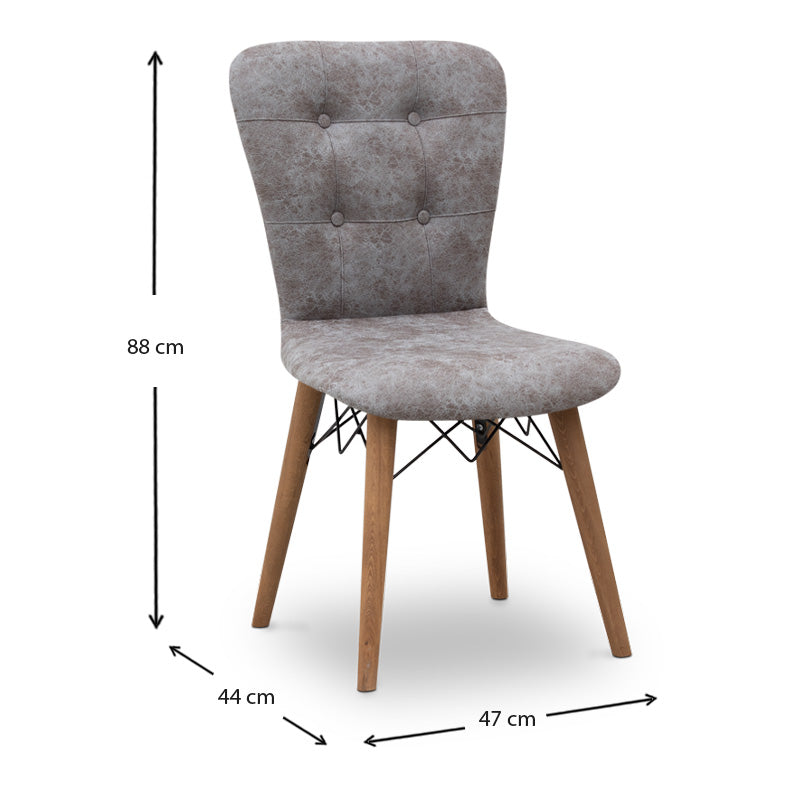 Set of four MICHELLE dining chairs in grey fabric with walnut legs, showcasing elegant design and comfortable seating.