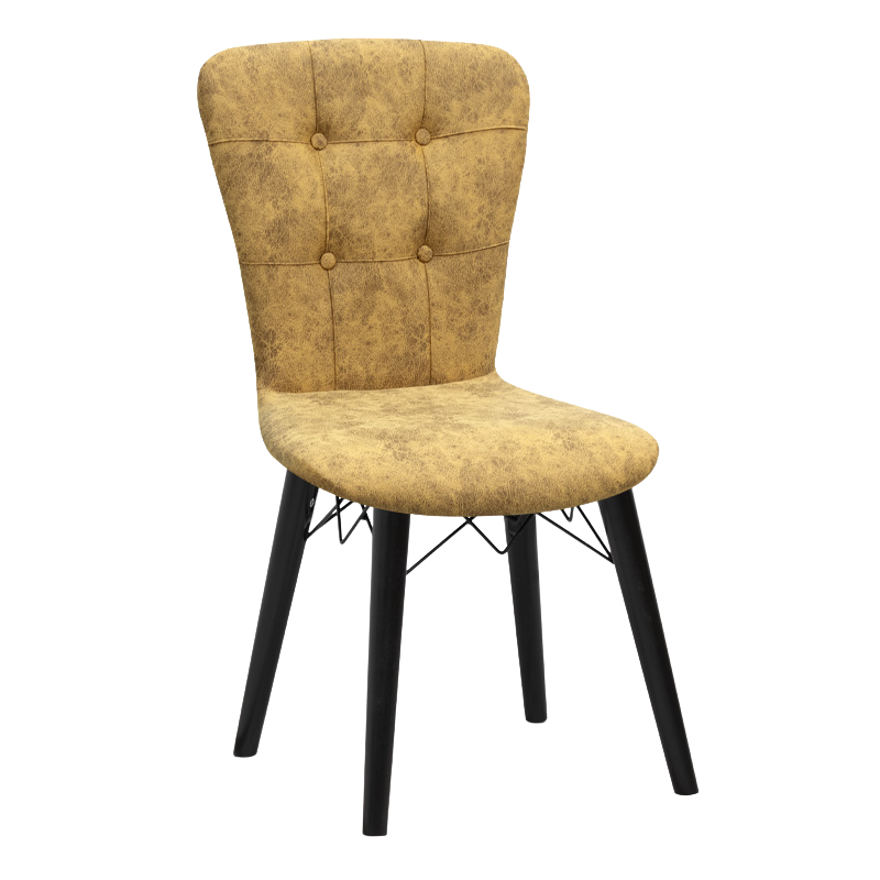 Dining Chair MICHELLE in mustard fabric with black wooden legs, showcasing its elegant design and comfortable seating.