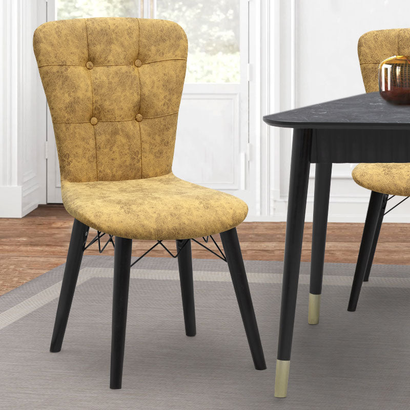 Dining Chair MICHELLE in mustard fabric with black wooden legs, showcasing its elegant design and comfortable seating.