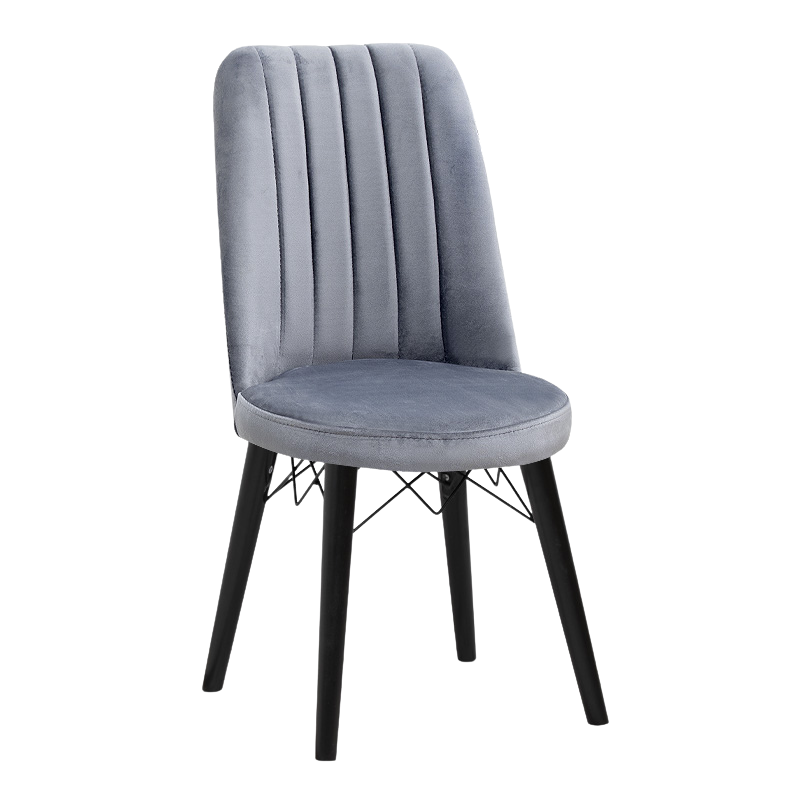 RALU dining chair in grey fabric with black wooden legs, showcasing its elegant design and sturdy construction.