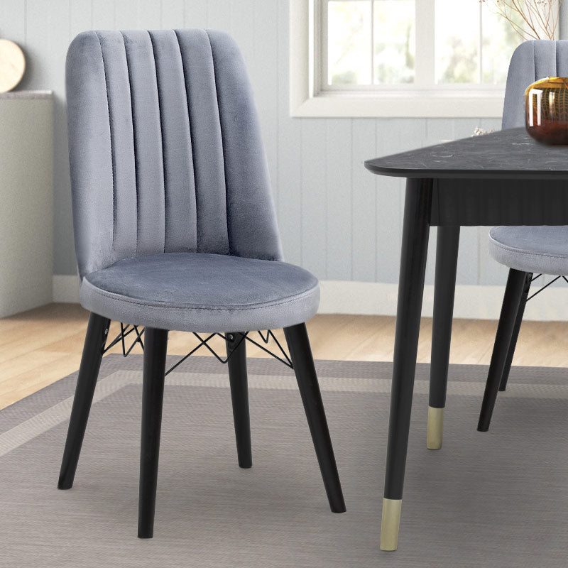 RALU dining chair in grey fabric with black wooden legs, showcasing its elegant design and sturdy construction.