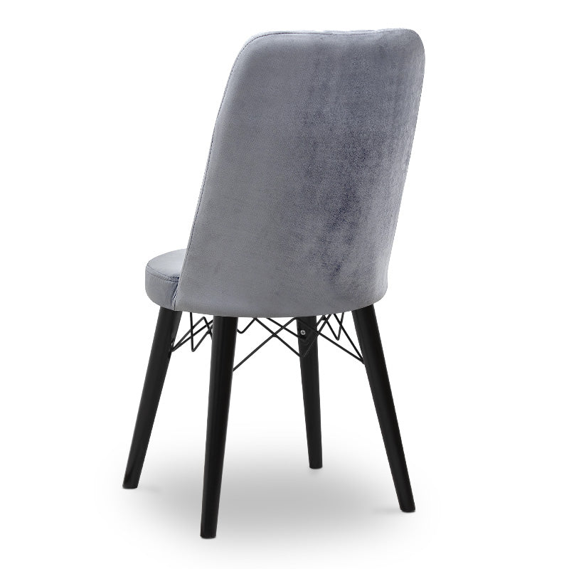 RALU dining chair in grey fabric with black wooden legs, showcasing its elegant design and sturdy construction.