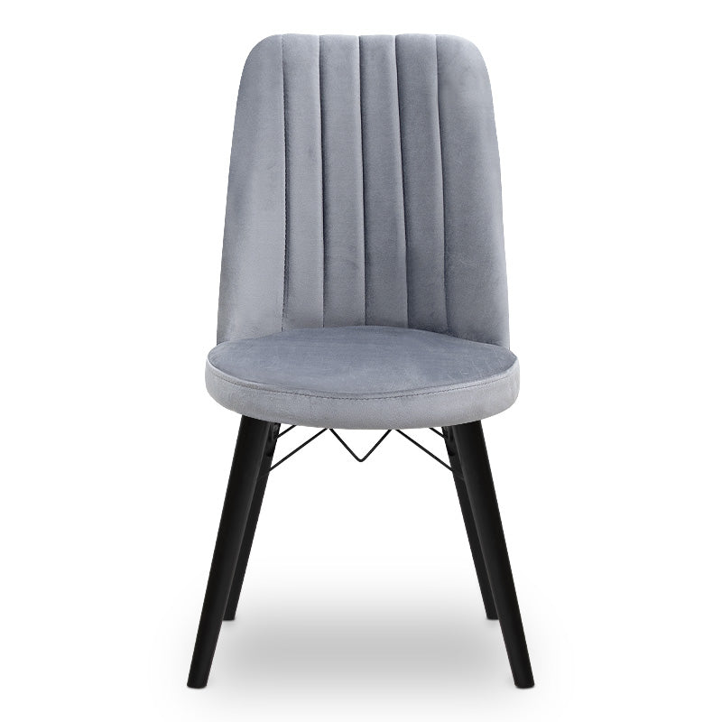 RALU dining chair in grey fabric with black wooden legs, showcasing its elegant design and sturdy construction.