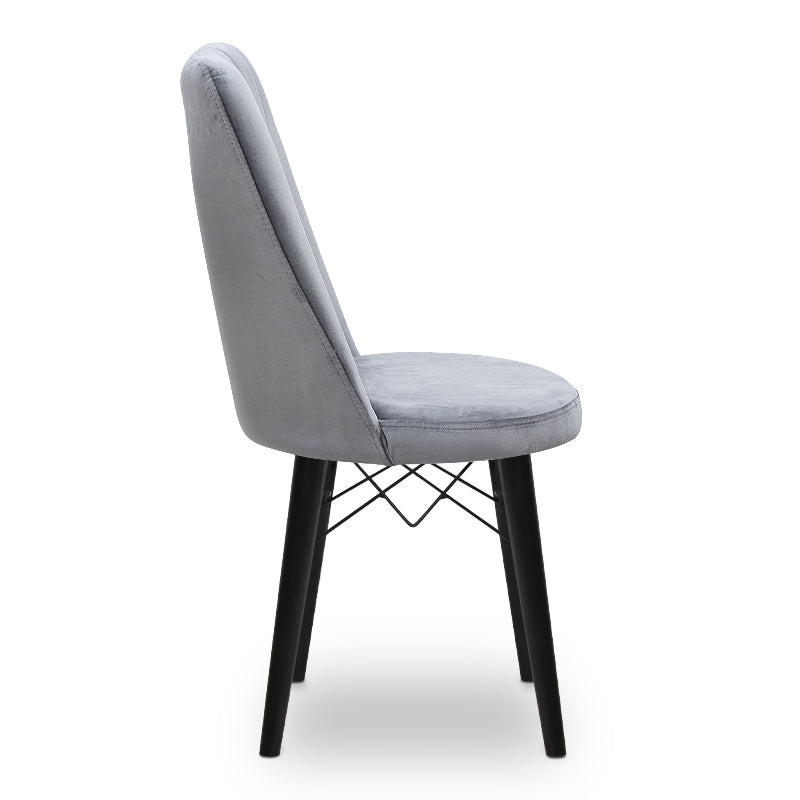 RALU dining chair in grey fabric with black wooden legs, showcasing its elegant design and sturdy construction.