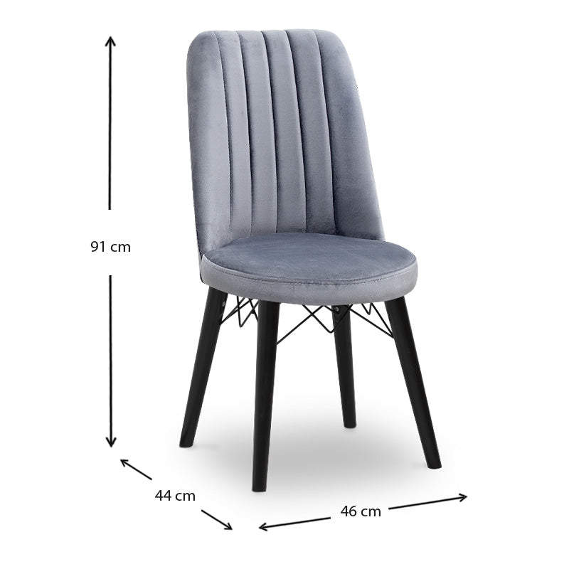 RALU dining chair in grey fabric with black wooden legs, showcasing its elegant design and sturdy construction.