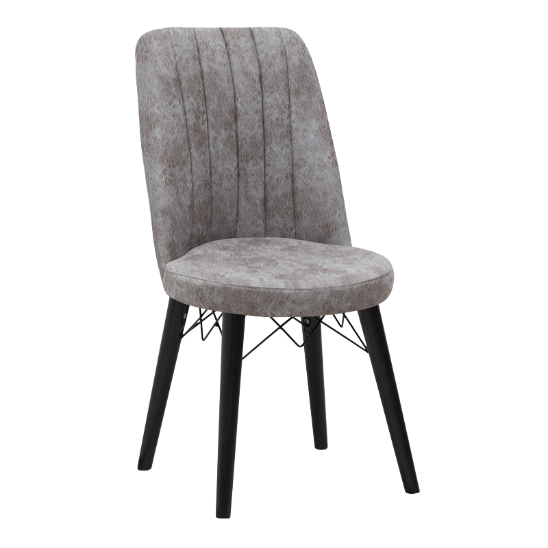 RALU velvet dining chair in grey with black wooden legs, showcasing its elegant design and plush upholstery.