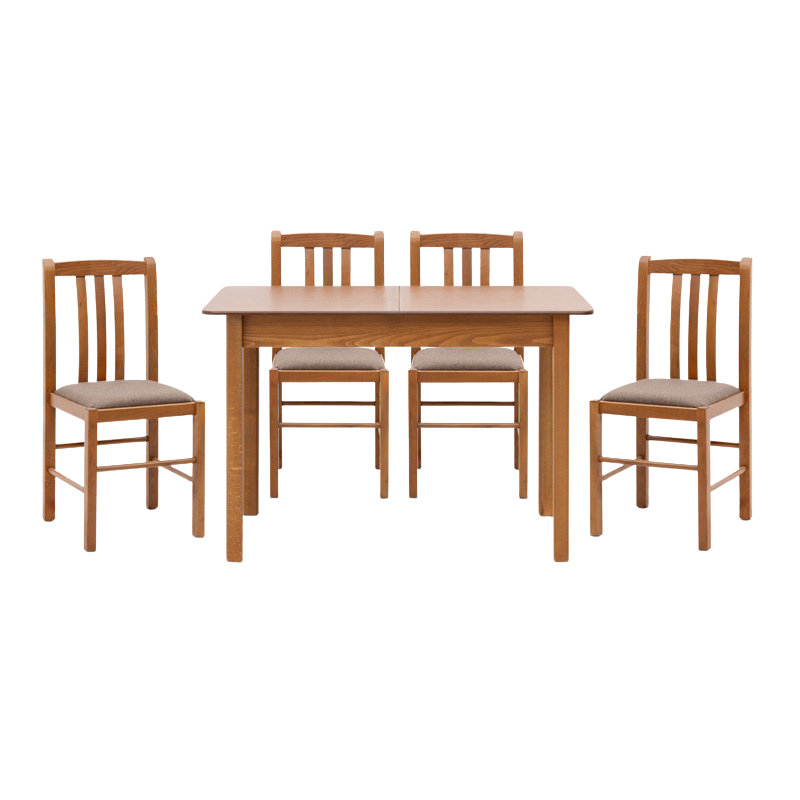 ALPEN 5 pcs dining set featuring an extendable walnut table and four solid beech wood chairs with upholstered seats.