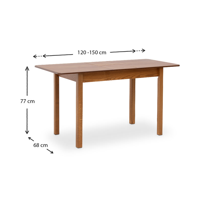 ALPEN 5 pcs dining set featuring an extendable walnut table and four solid beech wood chairs with upholstered seats.