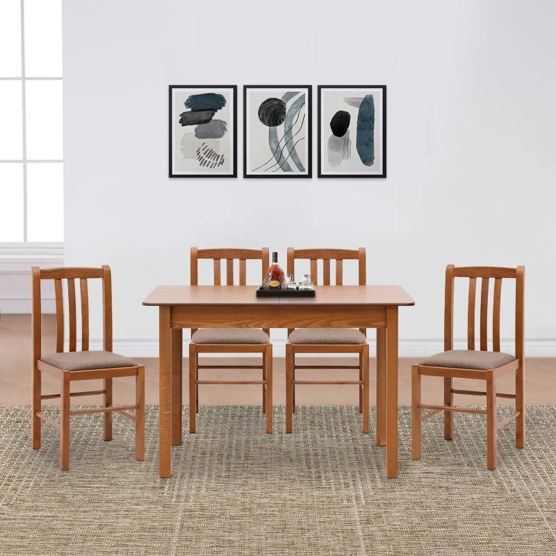 ALPEN 5 pcs dining set featuring an extendable walnut table and four solid beech wood chairs with upholstered seats.