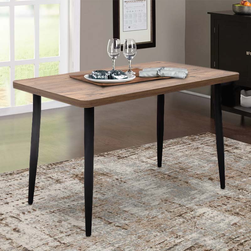 AGATHA Dining Table in acacia color, featuring a sleek MDF surface and sturdy black metal legs, measuring 120x70x75 cm.