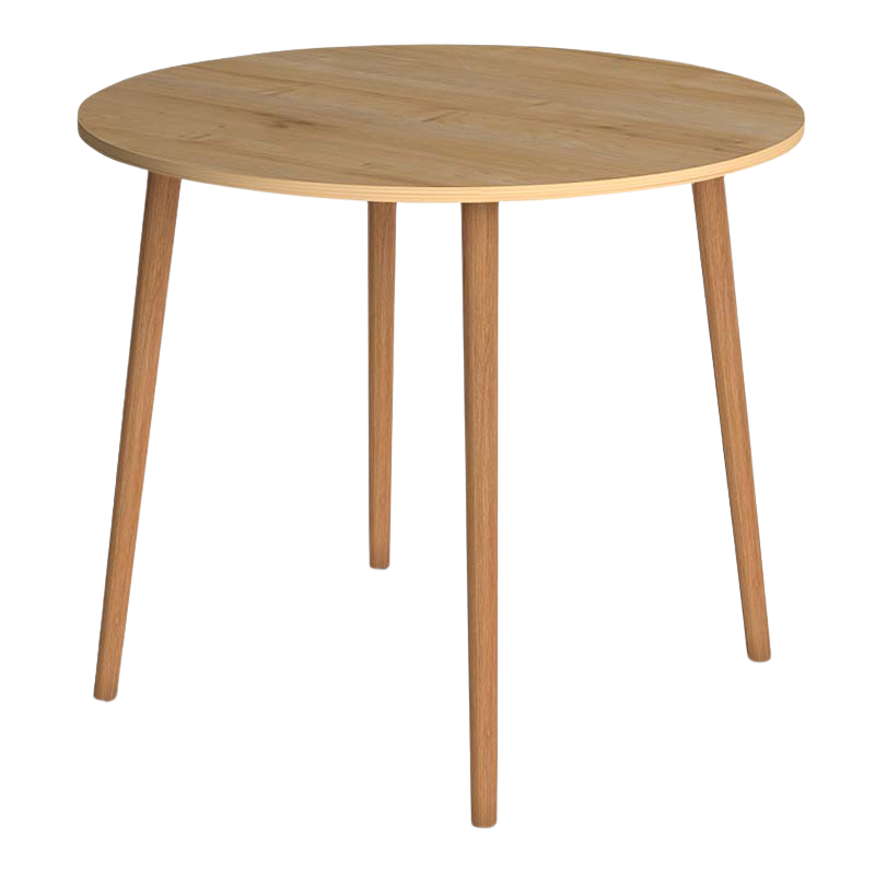 Round oak dining table with solid beech wood legs, measuring 92x92x75cm, showcasing a melamine surface.