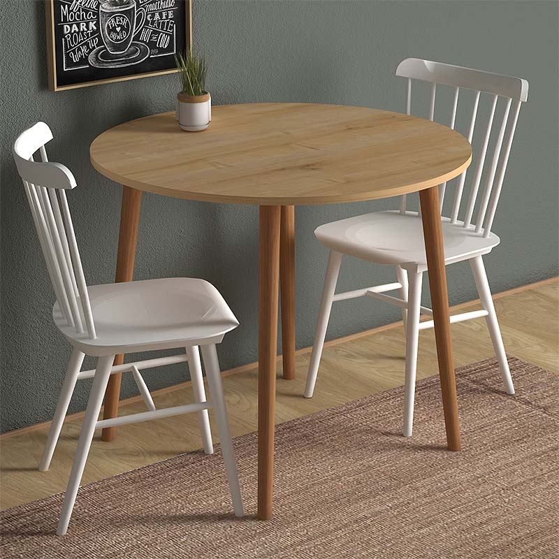 Round oak dining table with solid beech wood legs, measuring 92x92x75cm, showcasing a melamine surface.