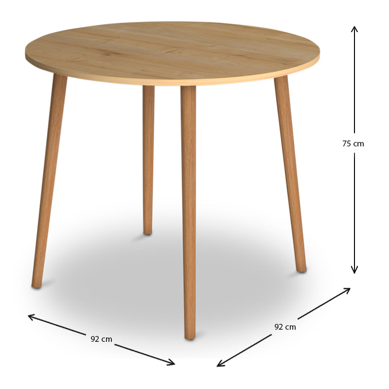 Round oak dining table with solid beech wood legs, measuring 92x92x75cm, showcasing a melamine surface.