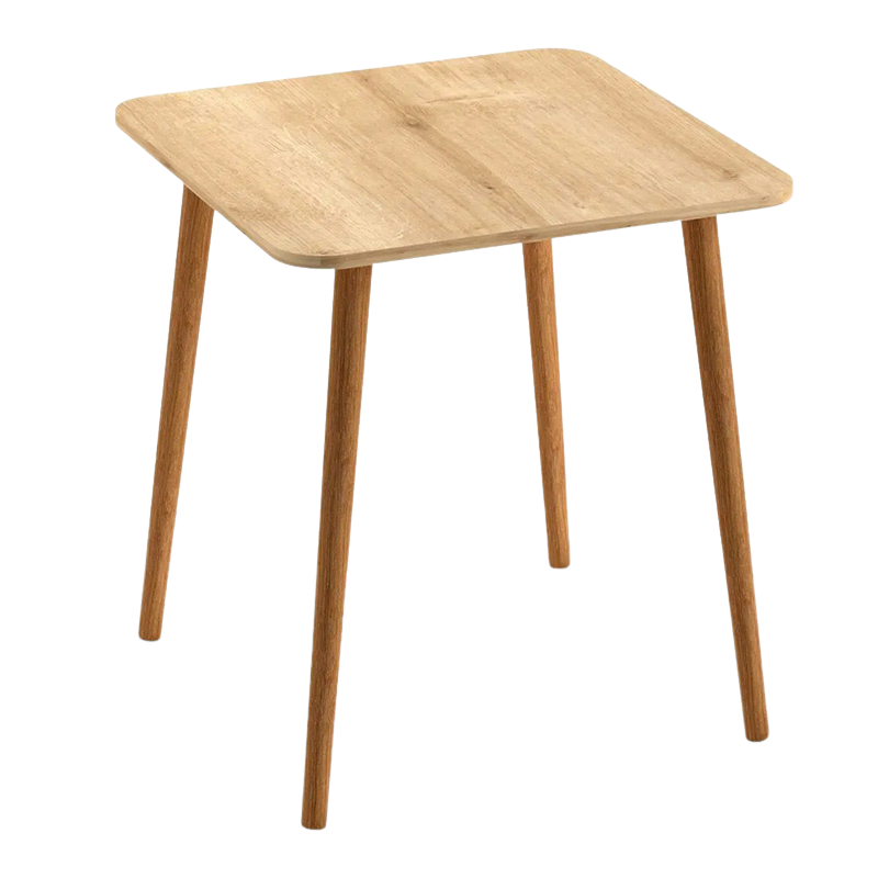 Dining Table SAM in oak finish, featuring solid beech wood legs and a melamine surface, measuring 70x70x72 cm.