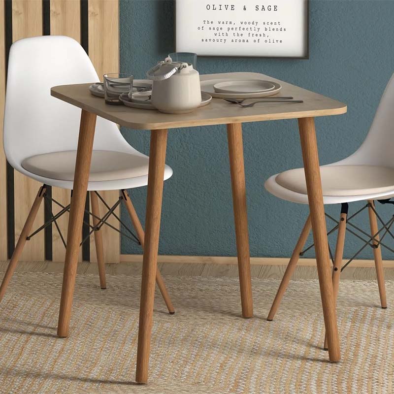 Dining Table SAM in oak finish, featuring solid beech wood legs and a melamine surface, measuring 70x70x72 cm.