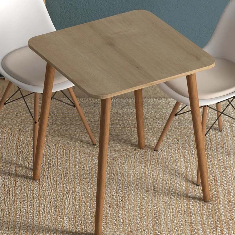 Dining Table SAM in oak finish, featuring solid beech wood legs and a melamine surface, measuring 70x70x72 cm.