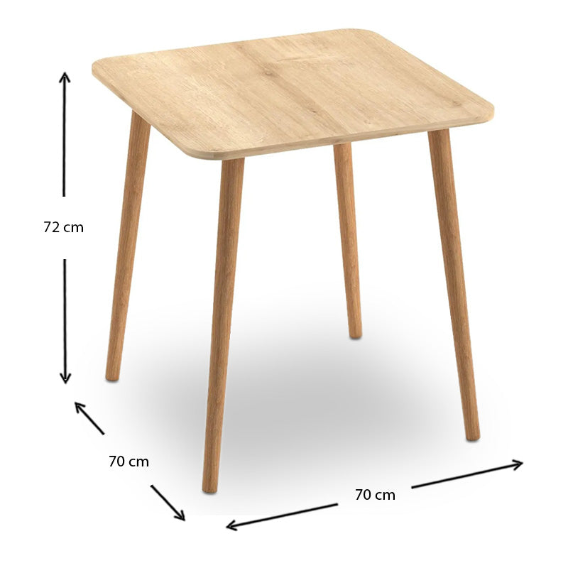 Dining Table SAM in oak finish, featuring solid beech wood legs and a melamine surface, measuring 70x70x72 cm.