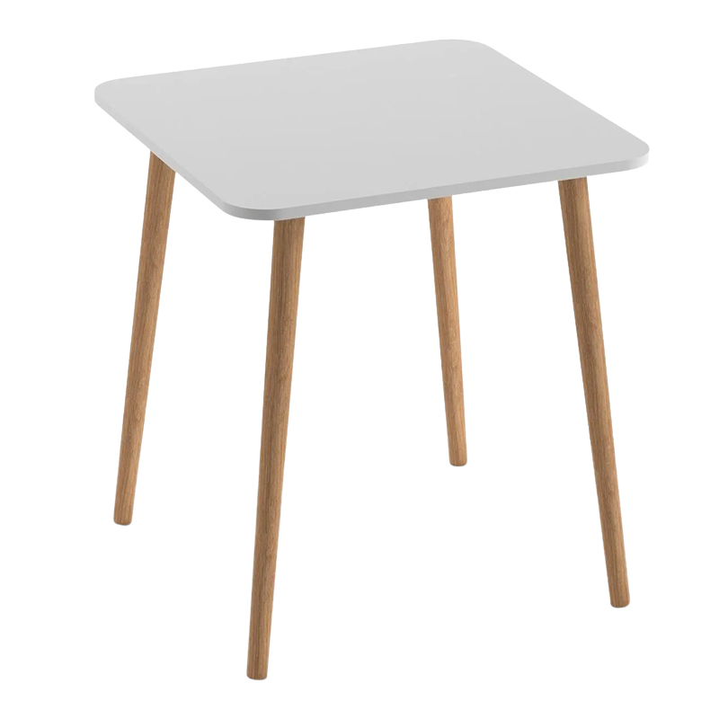 SAM White Dining Table with solid beech wood legs, measuring 70x70x72cm, featuring a sleek melamine surface.