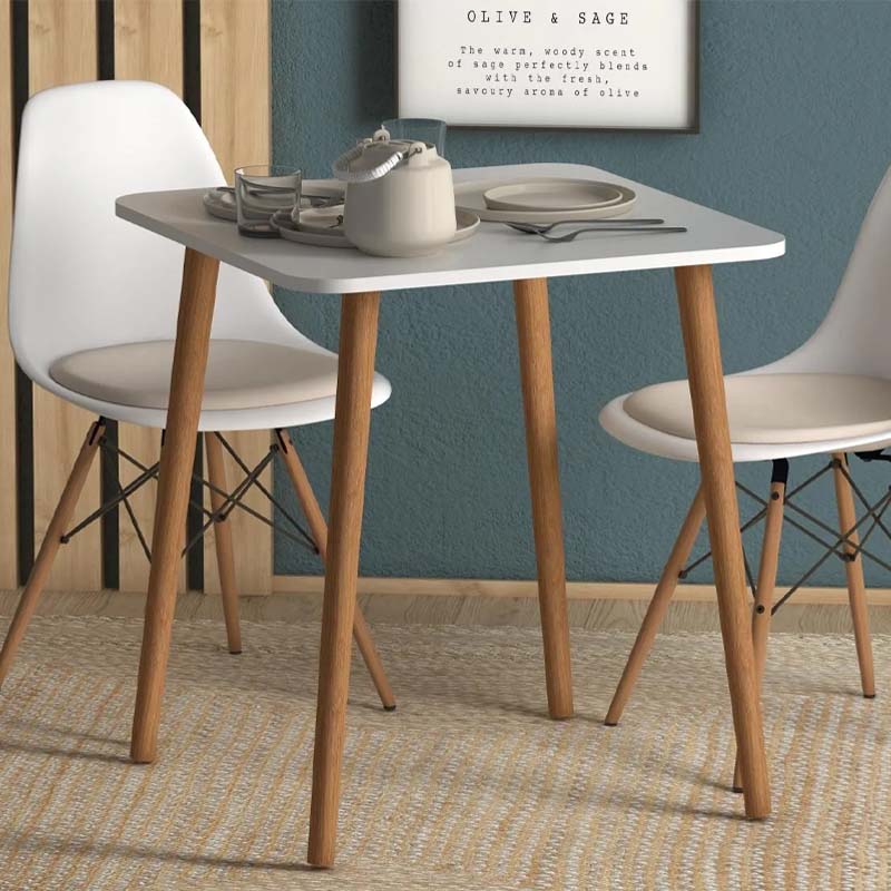 SAM White Dining Table with solid beech wood legs, measuring 70x70x72cm, featuring a sleek melamine surface.