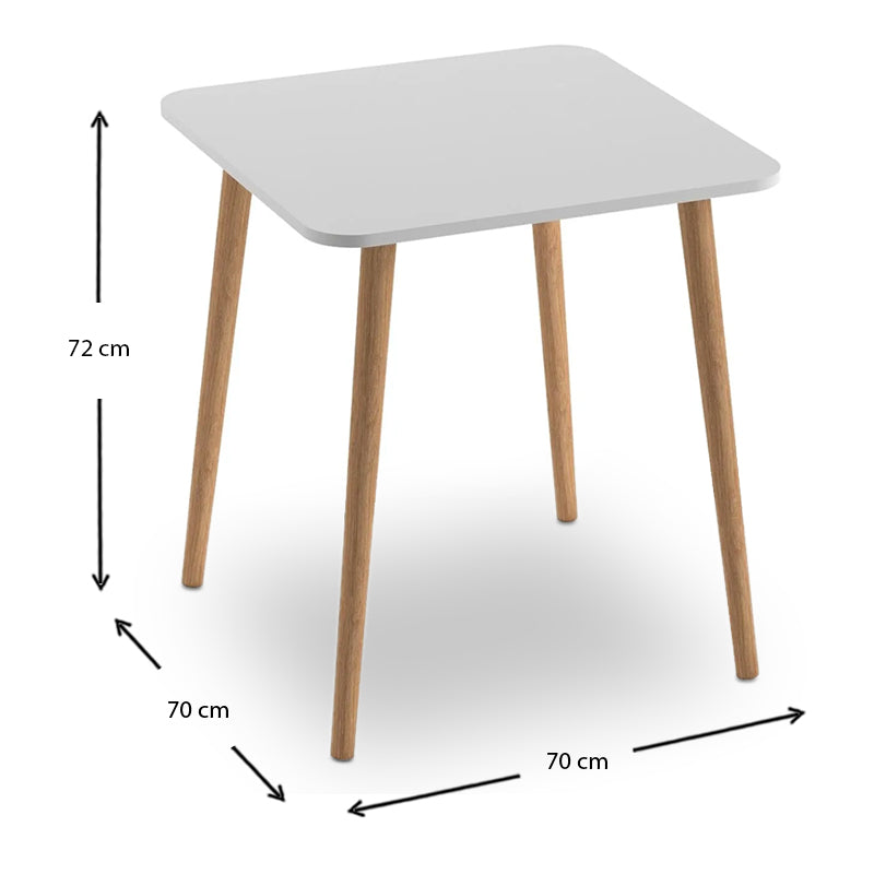 SAM White Dining Table with solid beech wood legs, measuring 70x70x72cm, featuring a sleek melamine surface.