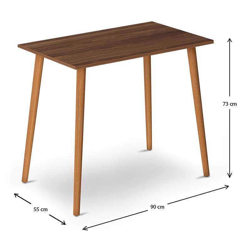 Dining Table TORA in walnut finish, featuring a melamine surface and solid beech wood legs, dimensions 90x55x75cm.