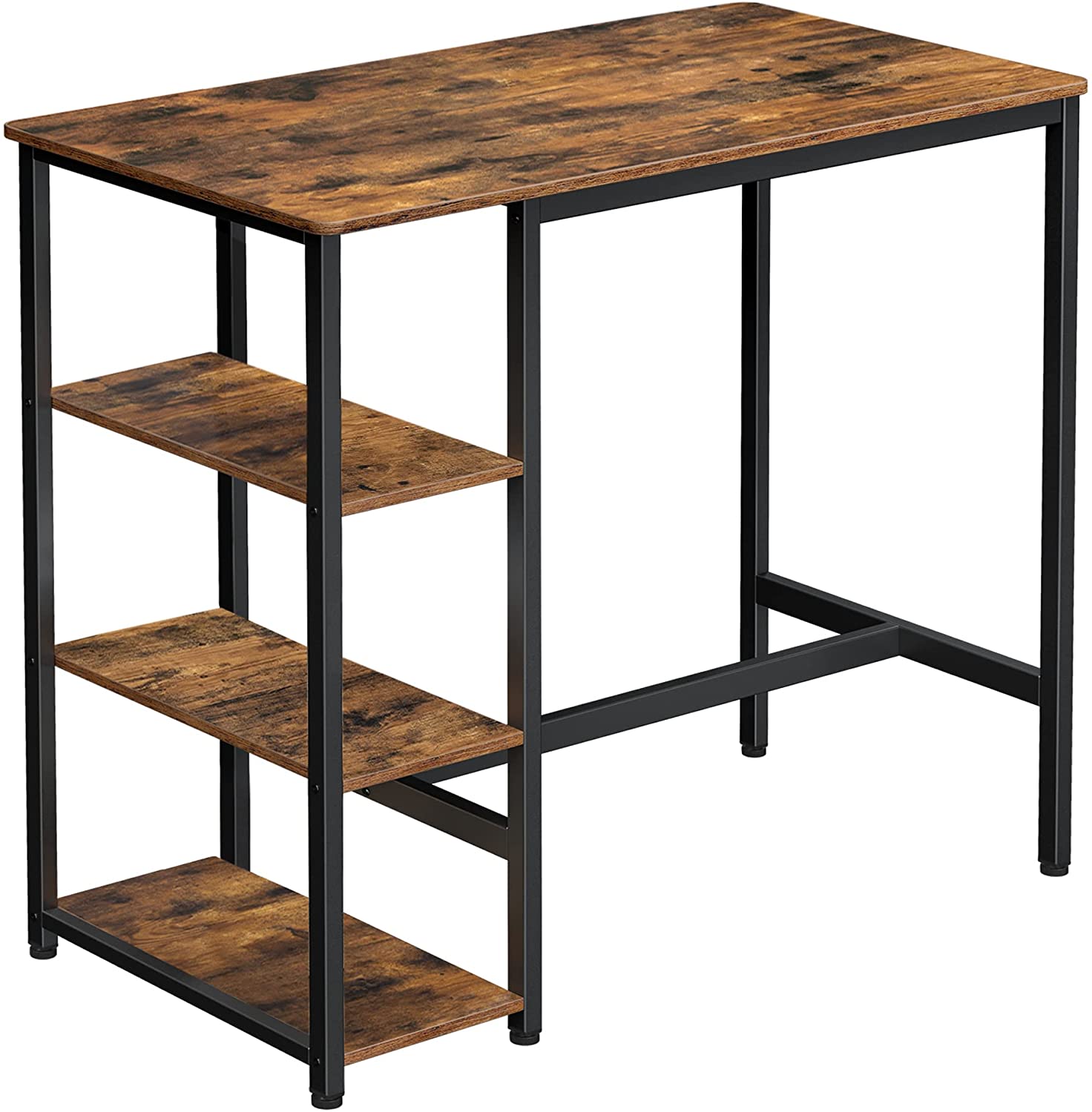 Industrial-style dining table with three shelves, stable steel structure, and rustic brown finish, perfect for dining and storage.