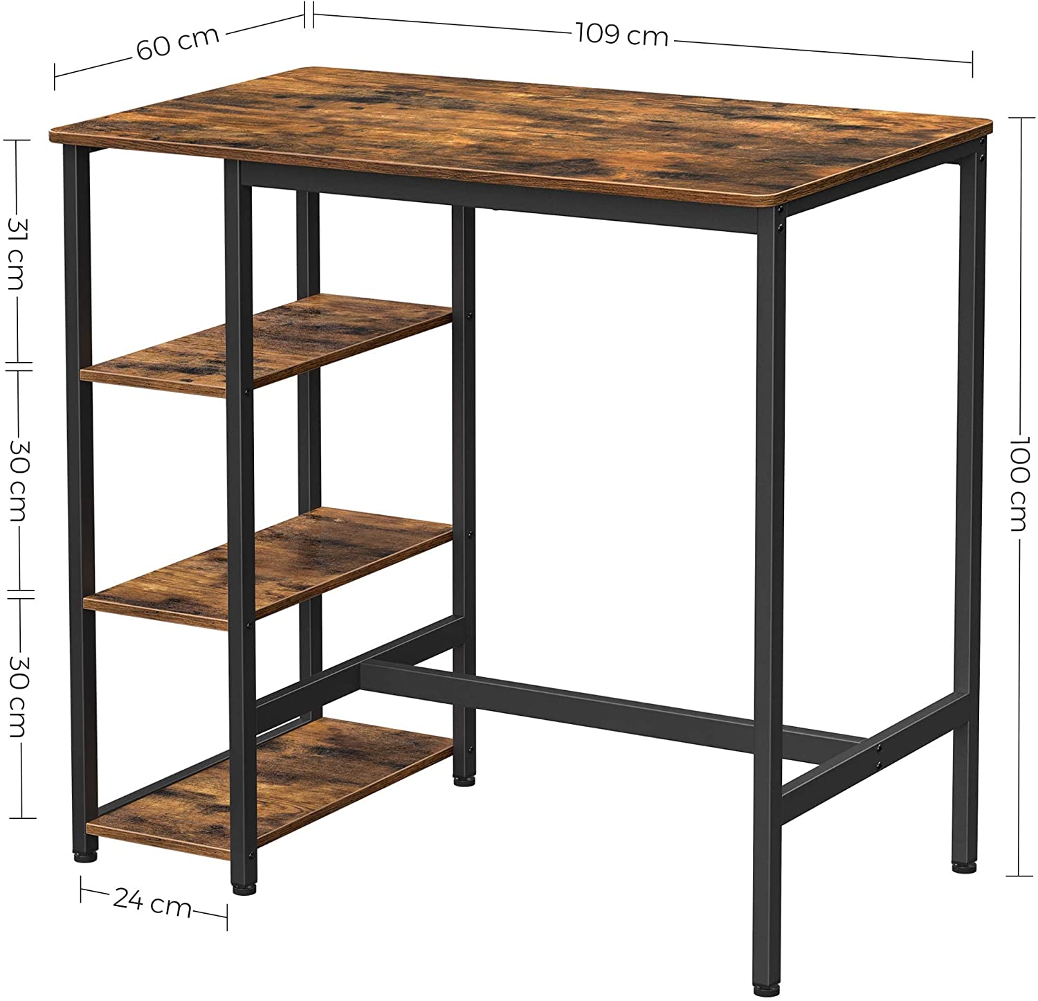 Industrial-style dining table with three shelves, stable steel structure, and rustic brown finish, perfect for dining and storage.