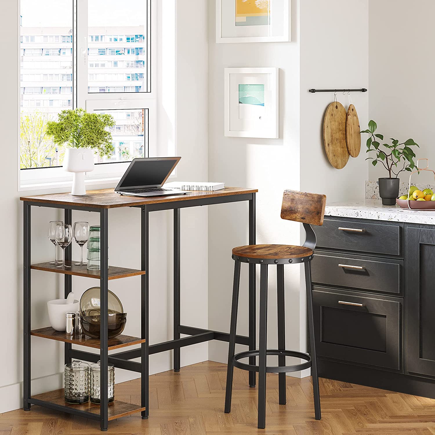 Industrial-style dining table with three shelves, stable steel structure, and rustic brown finish, perfect for dining and storage.