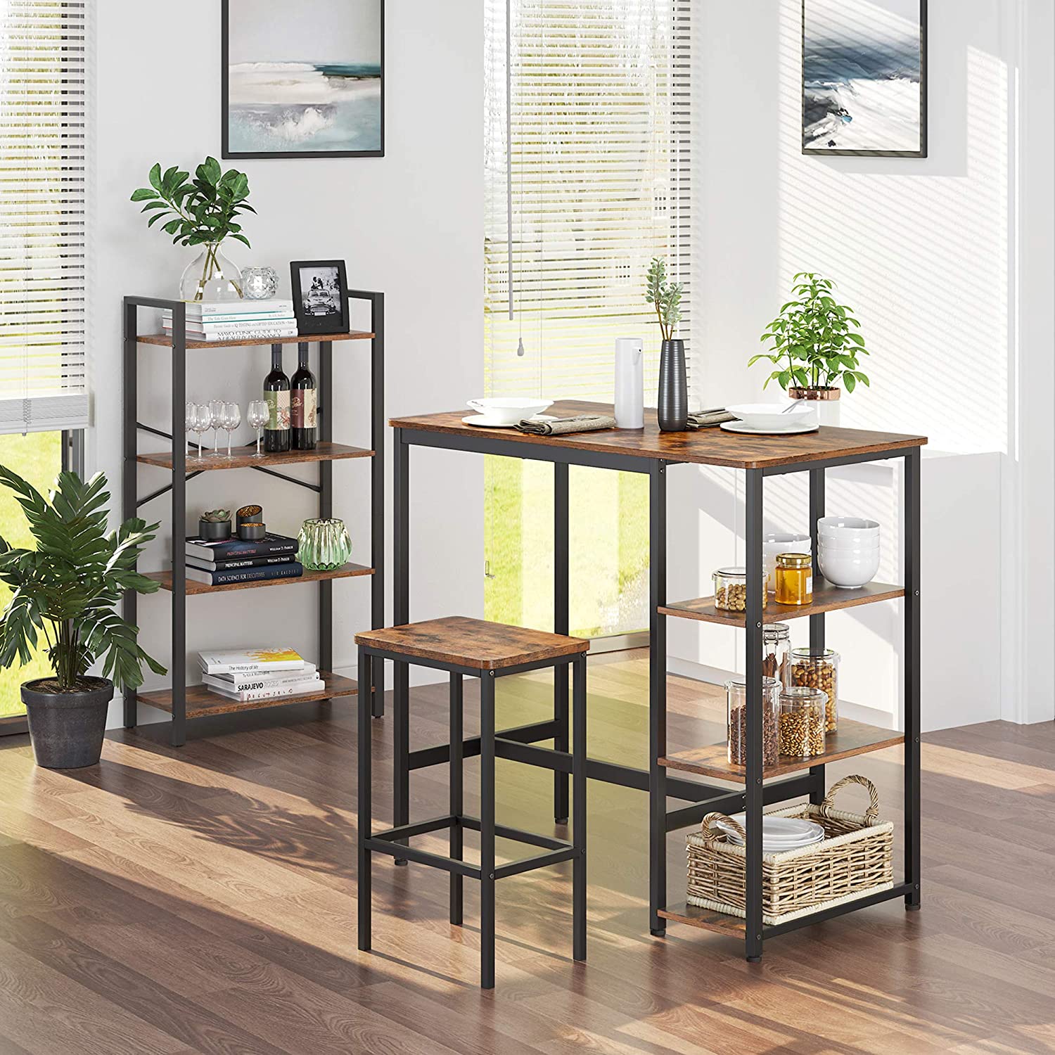 Industrial-style dining table with three shelves, stable steel structure, and rustic brown finish, perfect for dining and storage.