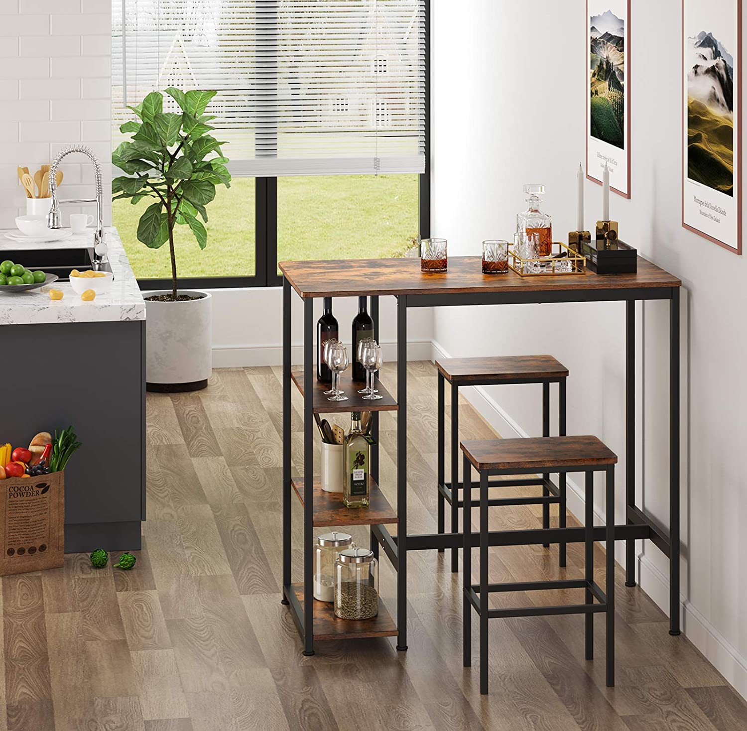 Industrial-style dining table with three shelves, stable steel structure, and rustic brown finish, perfect for dining and storage.