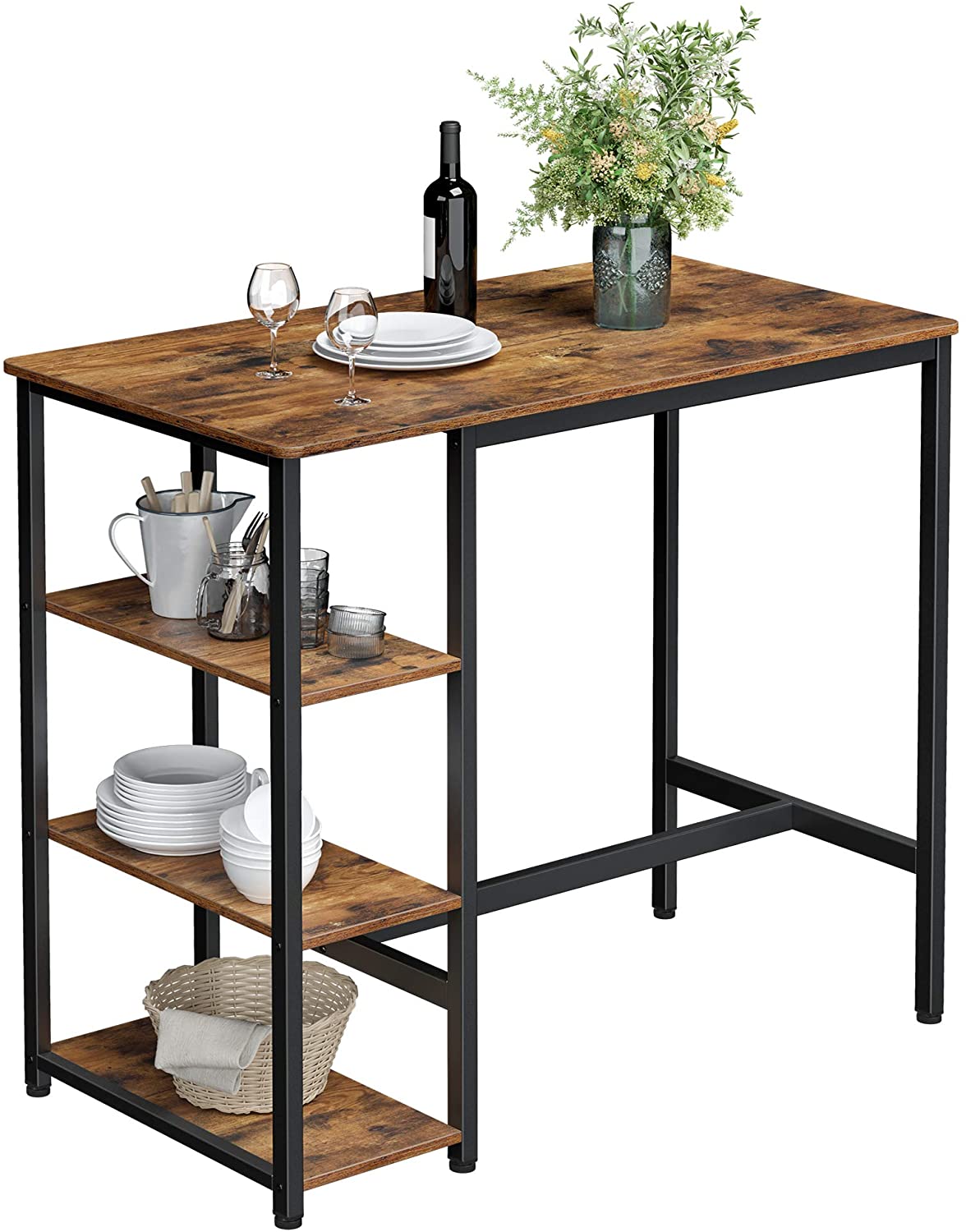 Industrial-style dining table with three shelves, stable steel structure, and rustic brown finish, perfect for dining and storage.