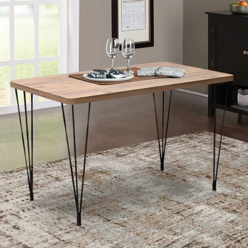 LUISE Acacia Dining Table featuring a sleek MDF surface and sturdy metal frame, dimensions 120x70x75 cm, ideal for home and business use.