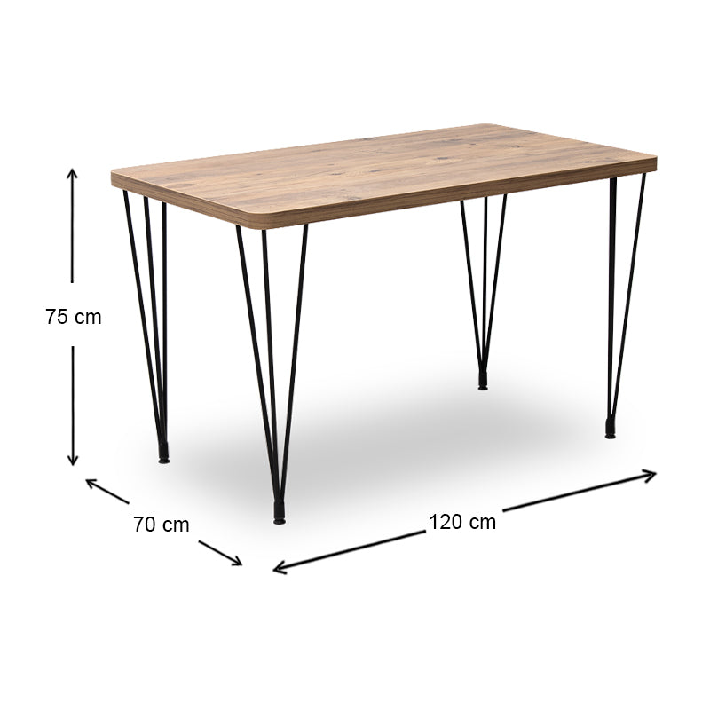 LUISE Acacia Dining Table featuring a sleek MDF surface and sturdy metal frame, dimensions 120x70x75 cm, ideal for home and business use.