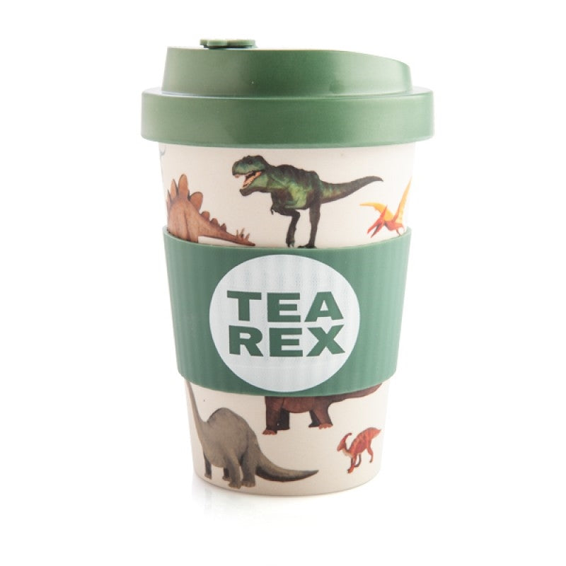 Dino Eco-to-Go Bamboo Cup featuring a colorful dinosaur pattern and dark green anti-spill lid with a silicone band.