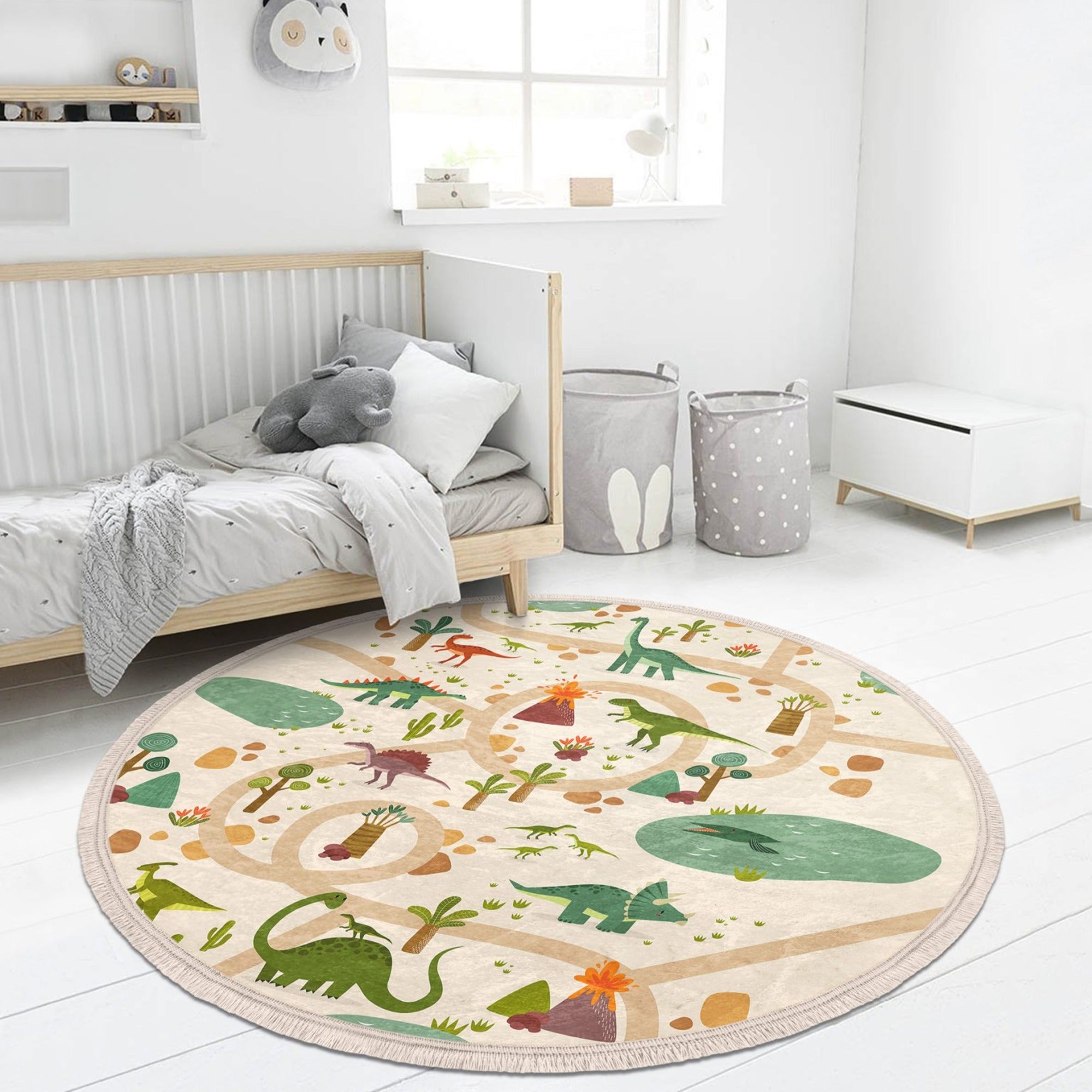 Colorful dinosaur printed area rug for kids' rooms, featuring a non-slip design and fringes, perfect for nurseries and playrooms.