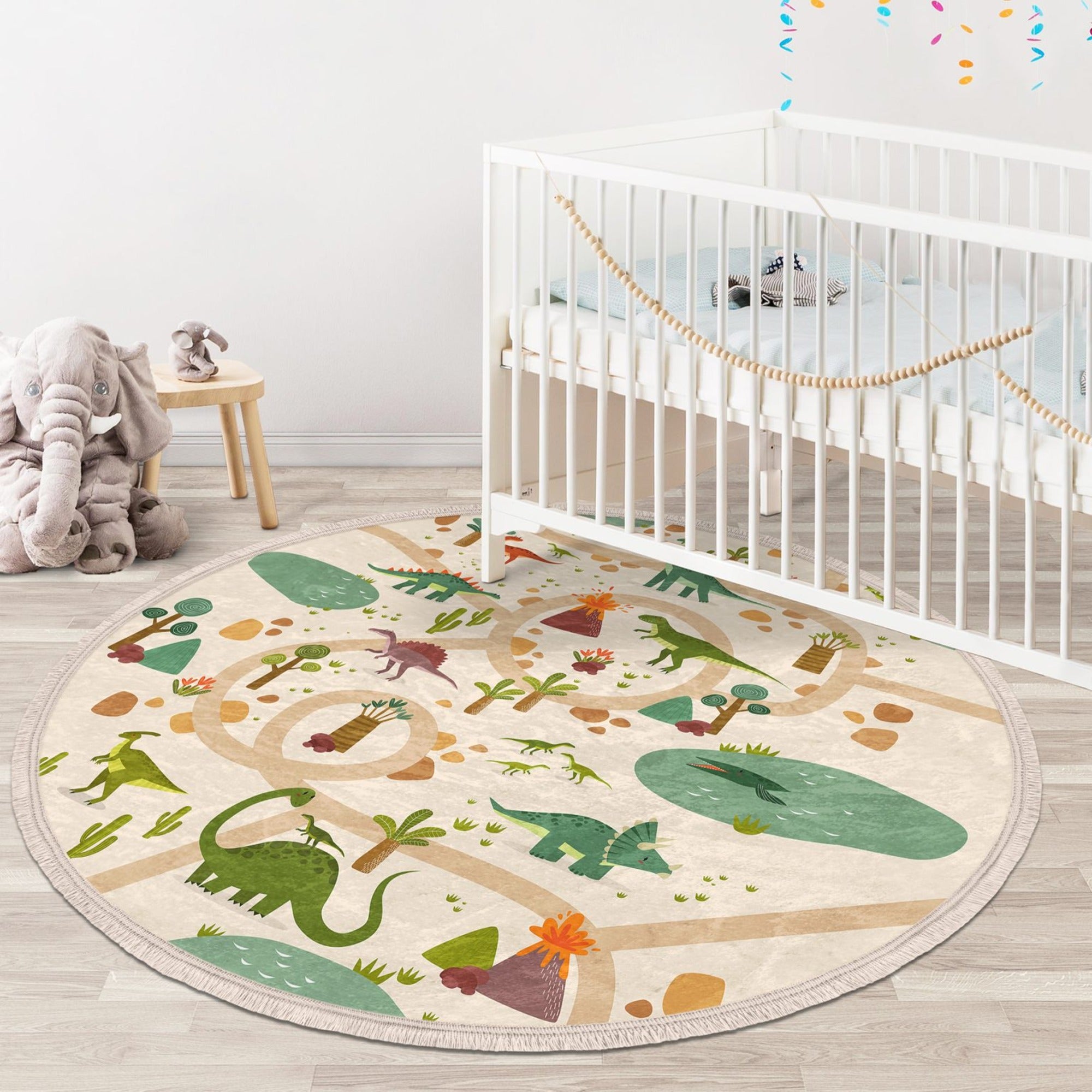 Colorful dinosaur printed area rug for kids' rooms, featuring a non-slip design and fringes, perfect for nurseries and playrooms.