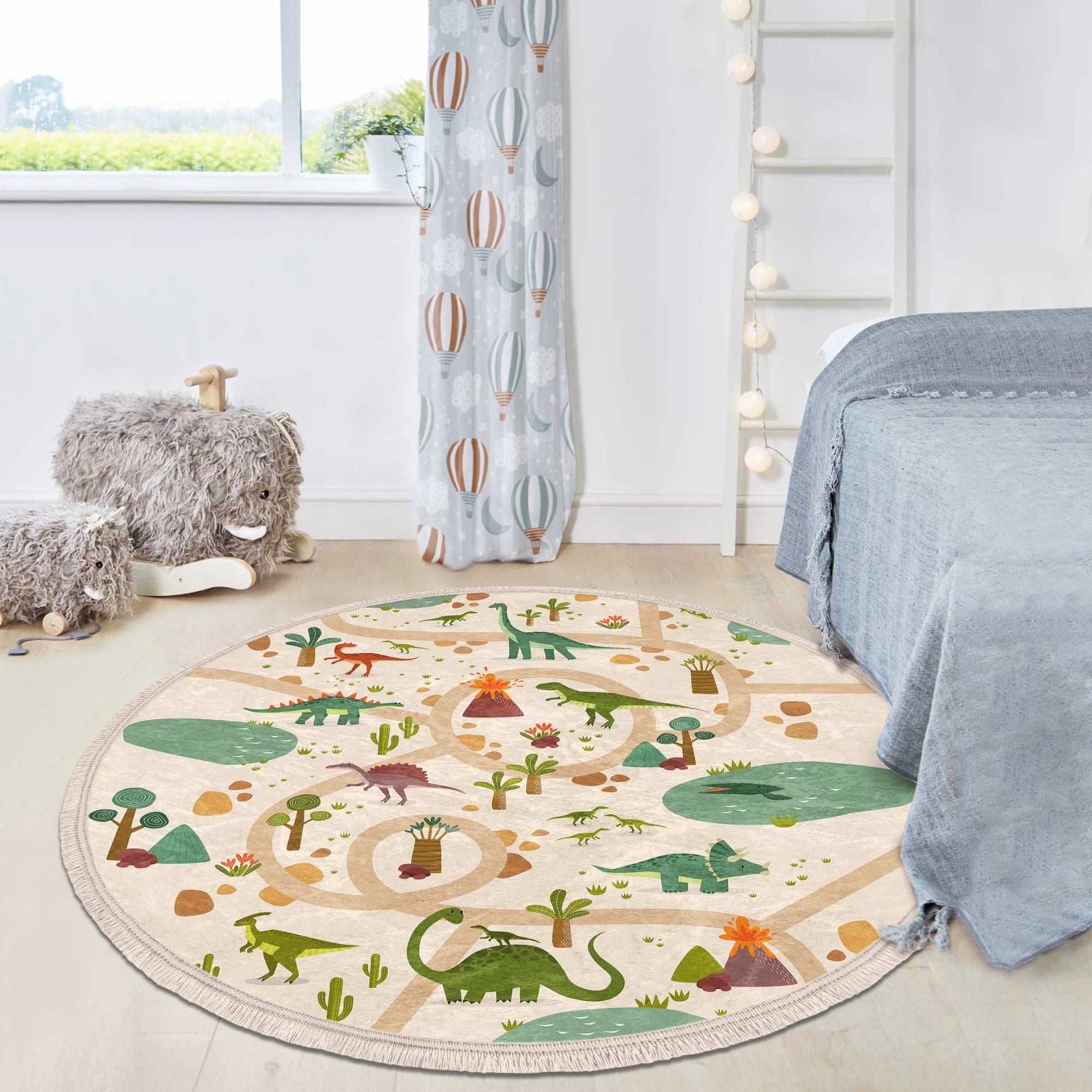 Colorful dinosaur printed area rug for kids' rooms, featuring a non-slip design and fringes, perfect for nurseries and playrooms.