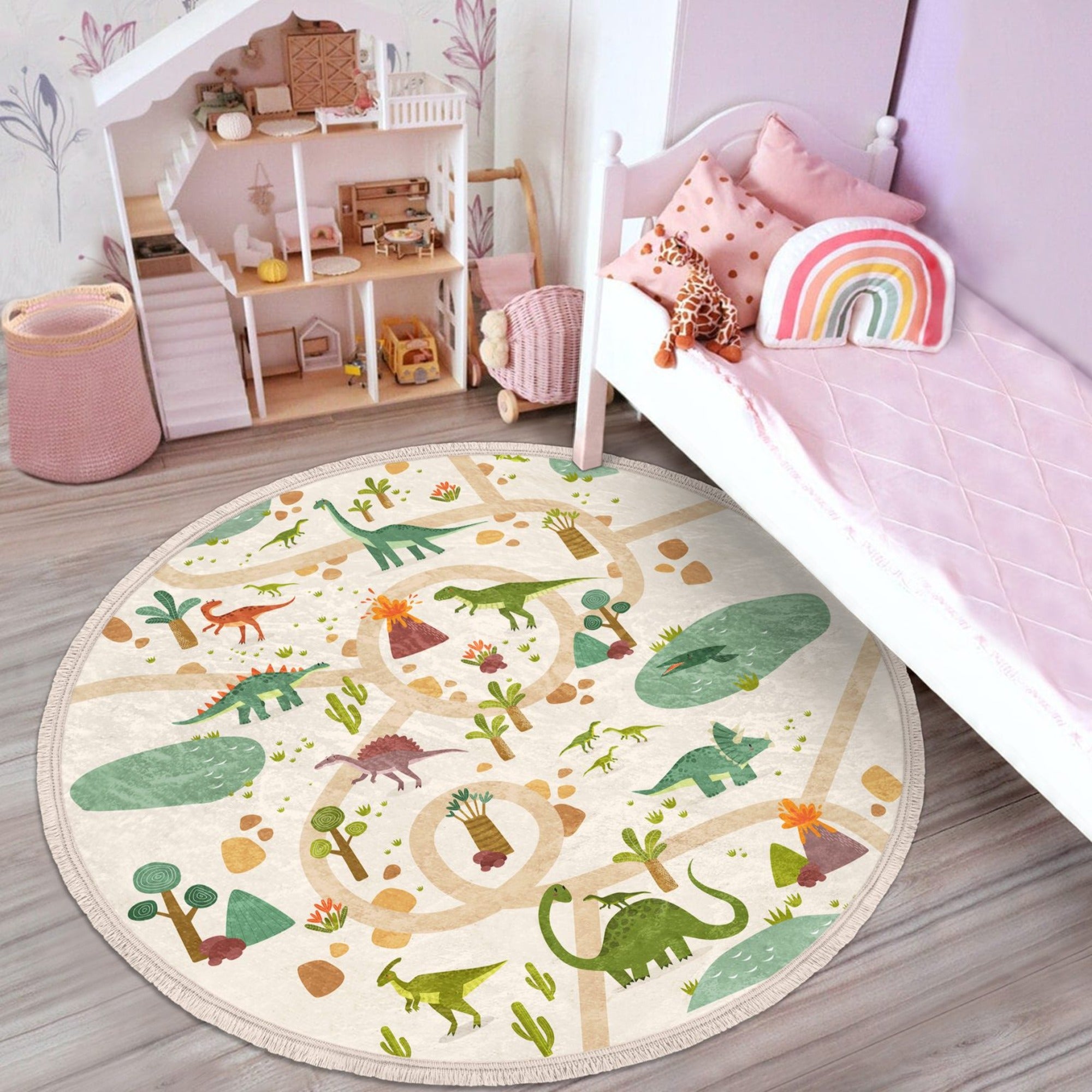 Colorful dinosaur printed area rug for kids' rooms, featuring a non-slip design and fringes, perfect for nurseries and playrooms.