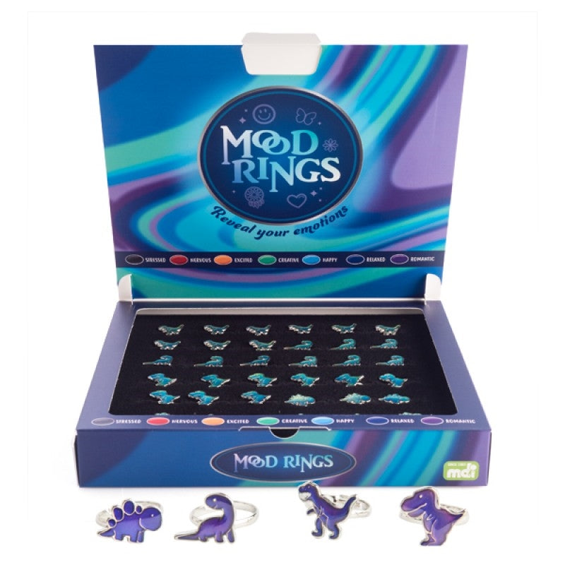 A colorful assortment of Dinosaur Mood Rings featuring various dinosaur designs that change color based on mood.