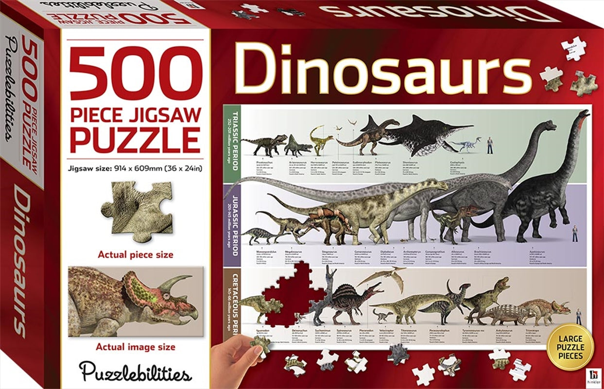 A colorful 500-piece jigsaw puzzle featuring various dinosaurs and prehistoric reptiles, showcasing vibrant illustrations and educational facts.