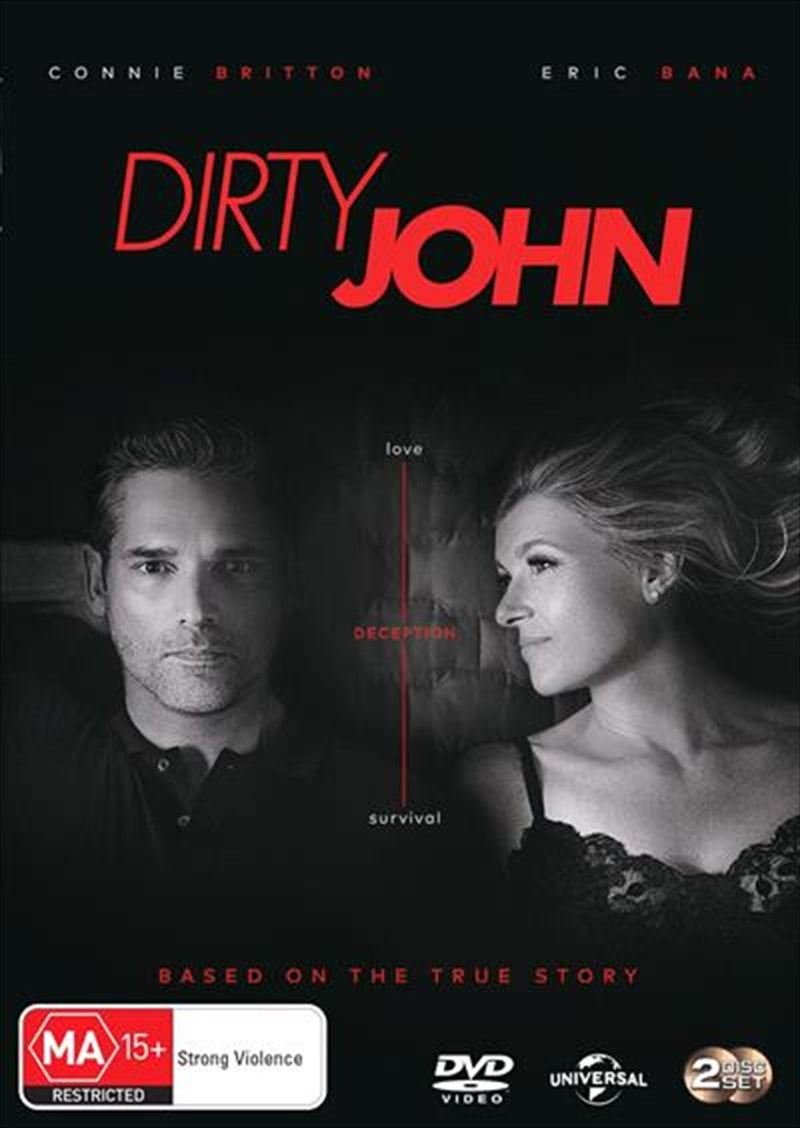 Dirty John - Season 1 DVD cover featuring Eric Bana and Connie Britton in a dramatic pose, highlighting the psychological thriller theme.