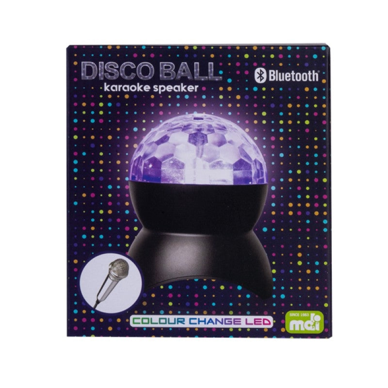 Disco Ball Karaoke Speaker with colorful LED lights and mini microphone, perfect for parties and entertainment.