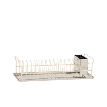 A sleek stainless steel dish rack with a drip tray and cutlery holder, designed for efficient kitchen organization.