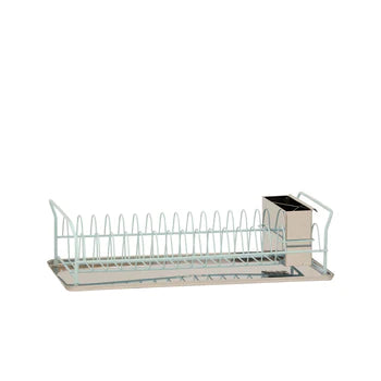 A sleek stainless steel dish rack with a drip tray and cutlery holder, designed for efficient kitchen organization.